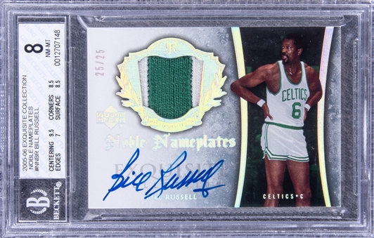 2005-06 UD "Exquisite Collection" Noble Nameplates #NNBR Bill Russell Signed Game Used Patch Card (#25/25) - BGS NM-MT 8/BGS 10
